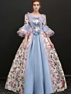 Victoria Robe Costume Rococo Opéra Vintage gris bleu en jacquard Déguisements Halloween