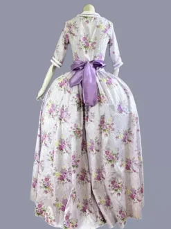 Violet rétro Costumes arcs Polyester imprimé fleuri robe femmes rétro Marie Antoinette Costume tunique fête robe de bal