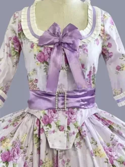 Violet rétro Costumes arcs Polyester imprimé fleuri robe femmes rétro Marie Antoinette Costume tunique fête robe de bal
