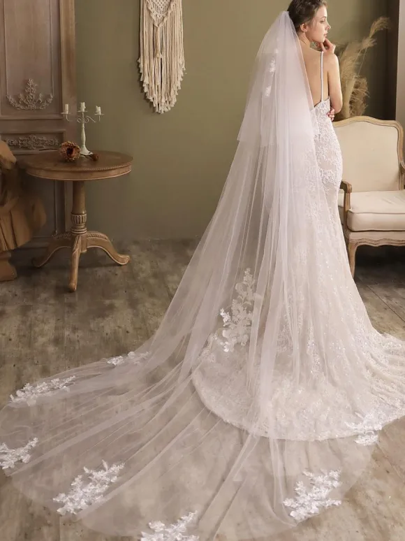 Voiles de mariée cascade Voiles de mariée en tulle en dentelle à deux niveaux