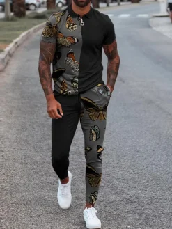 Vêtements de sport pour hommes 2 pièces imprimés à manches courtes col rabattu kaki
