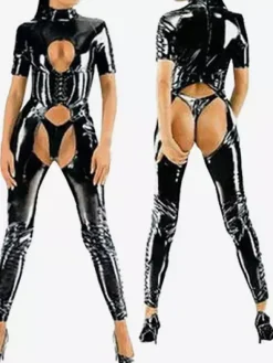 Zentai Sexy Déguisements Halloween Catsuit Sexy Découpez Costume Gimp Body Noir En PVC Noir