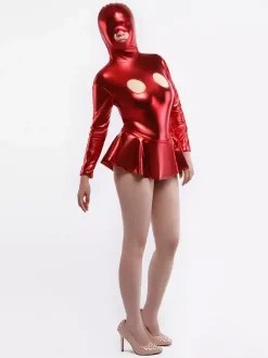 Zentai Sexy Vêtement de zentai rouge de combinaison métallisé brillant creux à l'entrejambe et bouche ouverte Déguisements Halloween